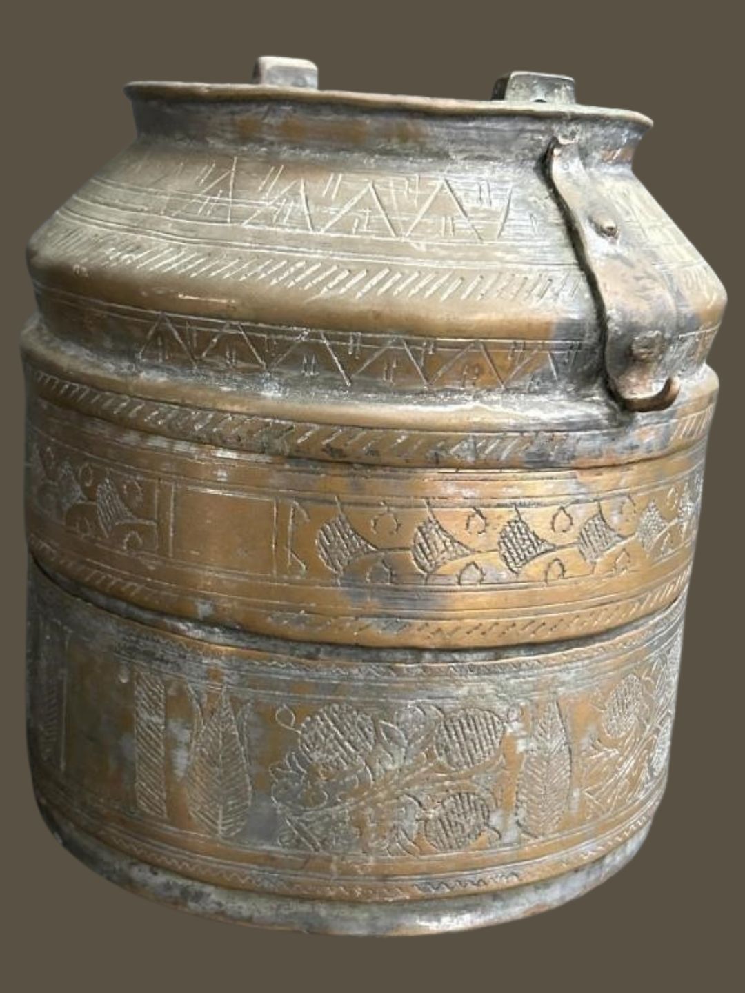 Antique Handcrafted Turkish Copper Lunch Pail with Ornate Etchings