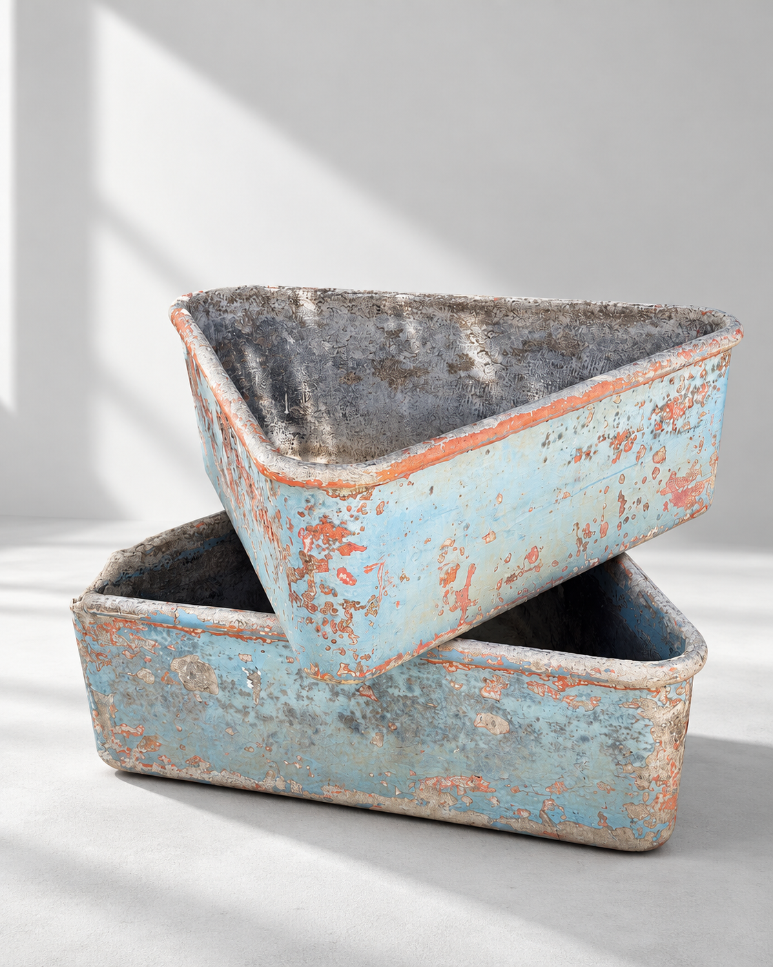 Pair of Willy Guhl–Style Triangular Garden Planters with Distressed Blue Paint