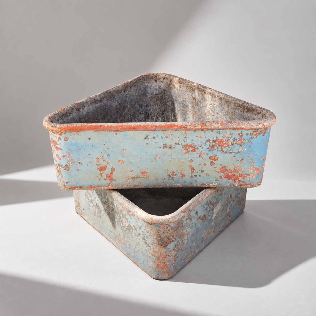 Pair of Willy Guhl–Style Triangular Garden Planters with Distressed Blue Paint