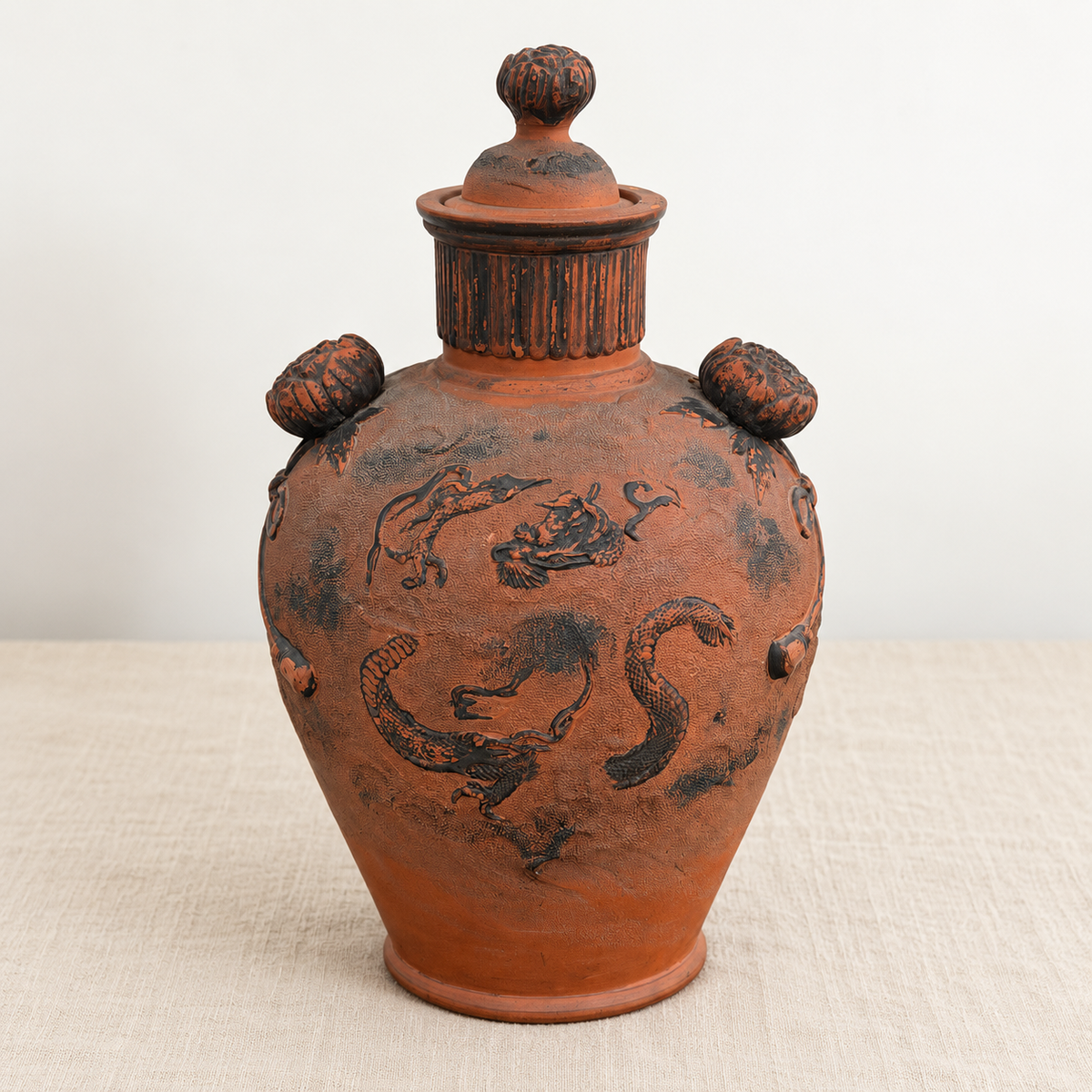 19th-century Japanese Tokoname red clay dragon vase
