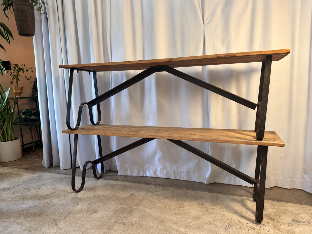 Pair of Chic Antique Grimaud benches with reclaimed wood and iron bases