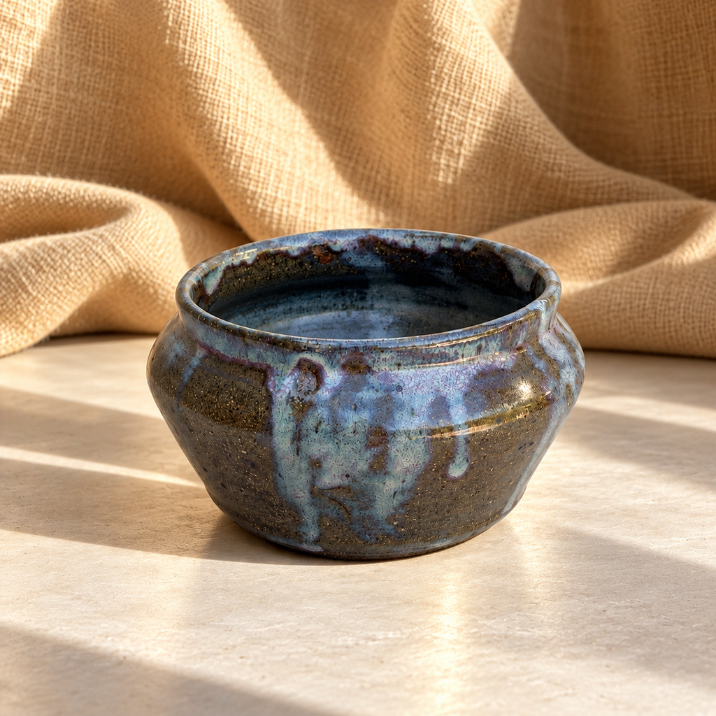 Detail of multicolor glaze on signed studio pottery bowl