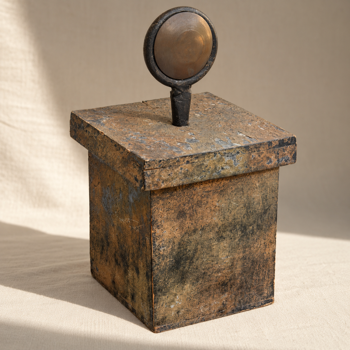 Postmodern decorative box with copper disc and black iron finial