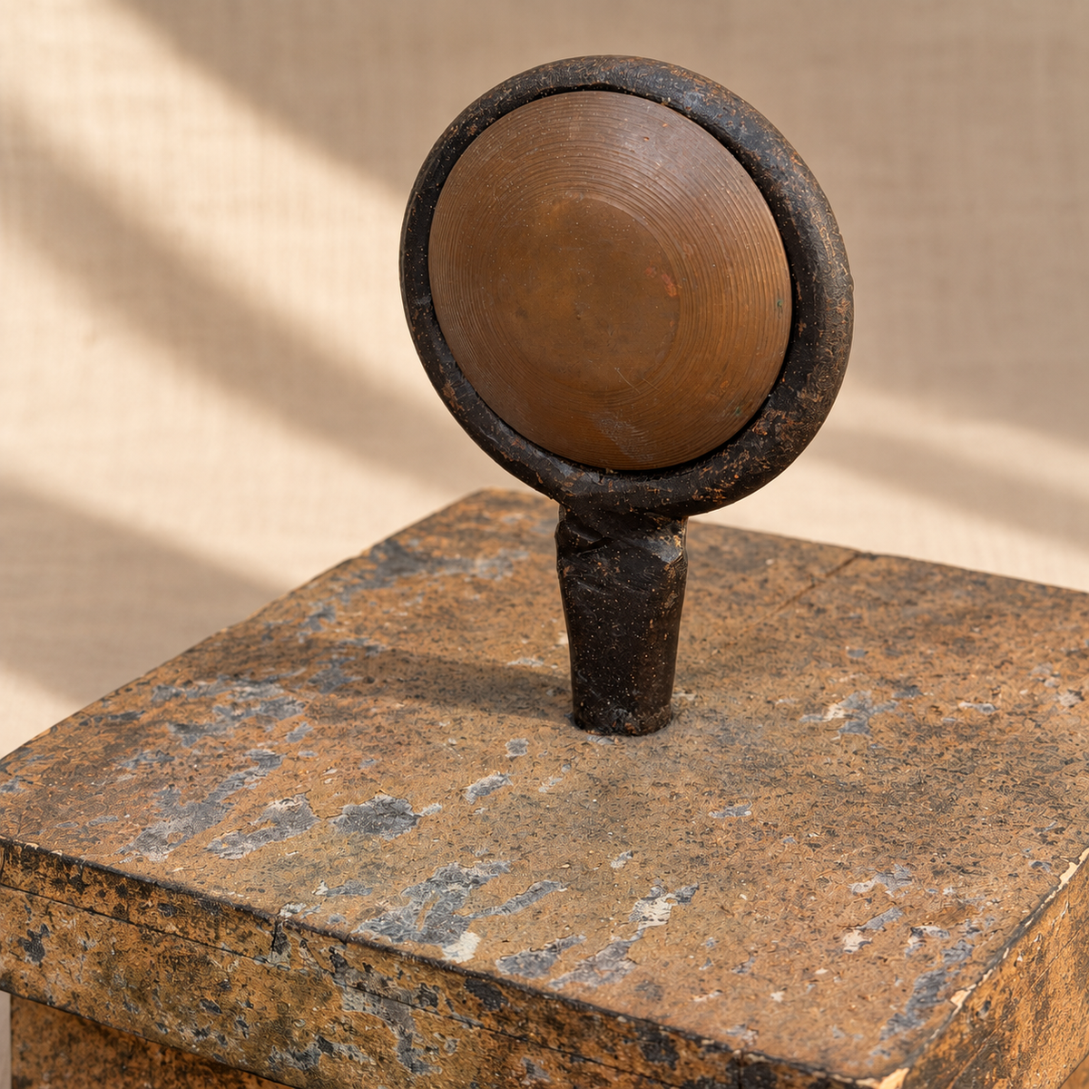 Close-up of copper disc finial on postmodern wooden box