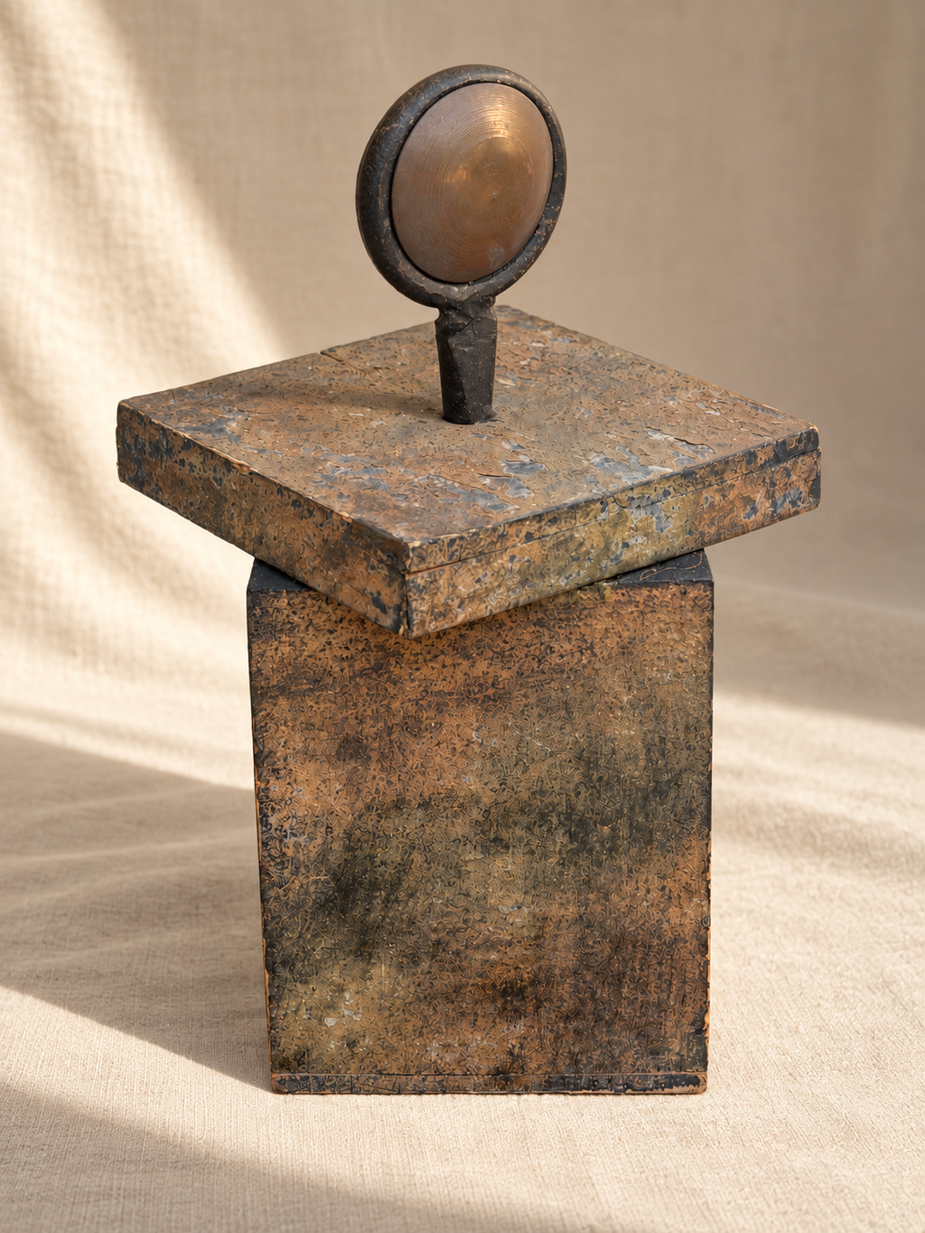 Side view of tall postmodern wooden decorative box