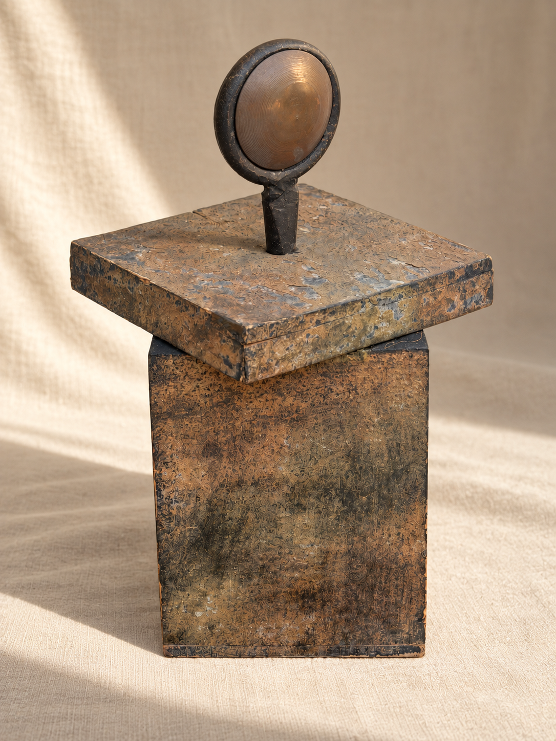 Side view of tall postmodern wooden decorative box