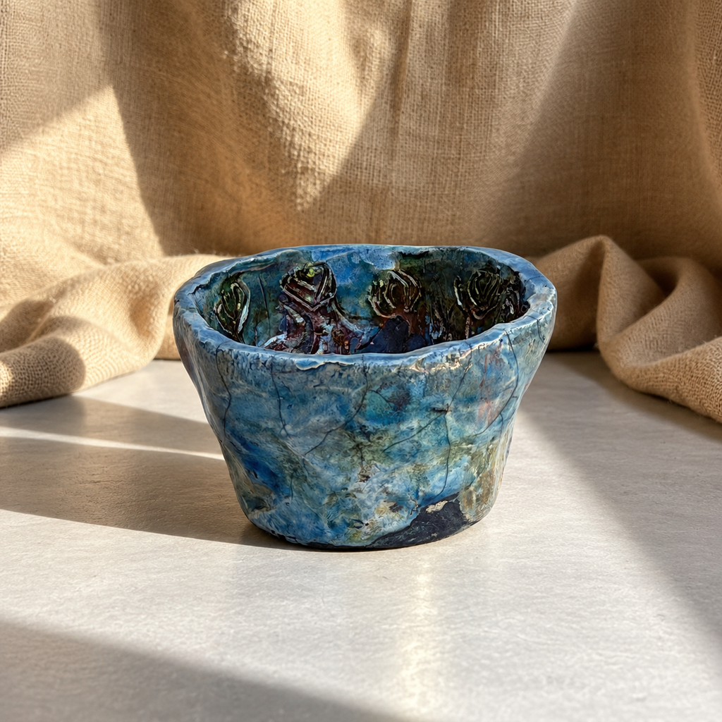 Signed NG studio pottery bowl with blue glaze and floral interior