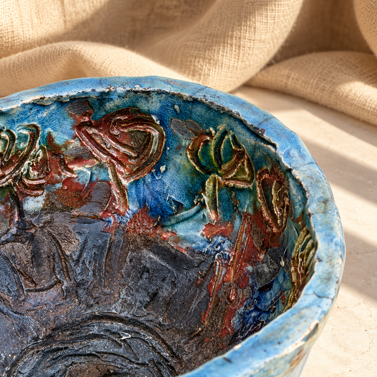 Detail of rich blue glaze on studio pottery bowl