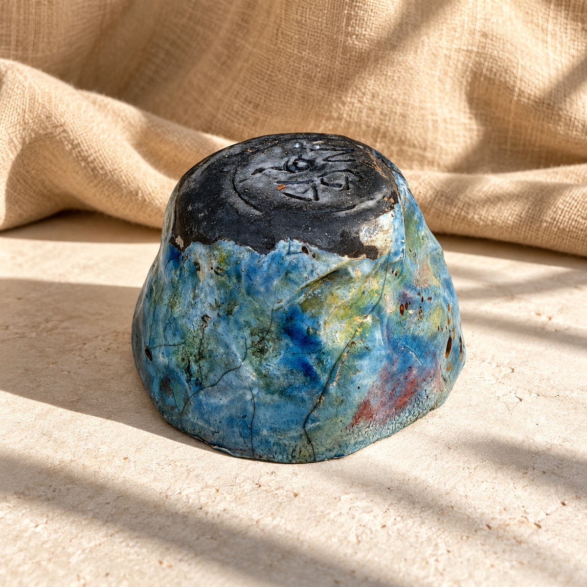 Sculptural ceramic bowl with blue glazed finish
