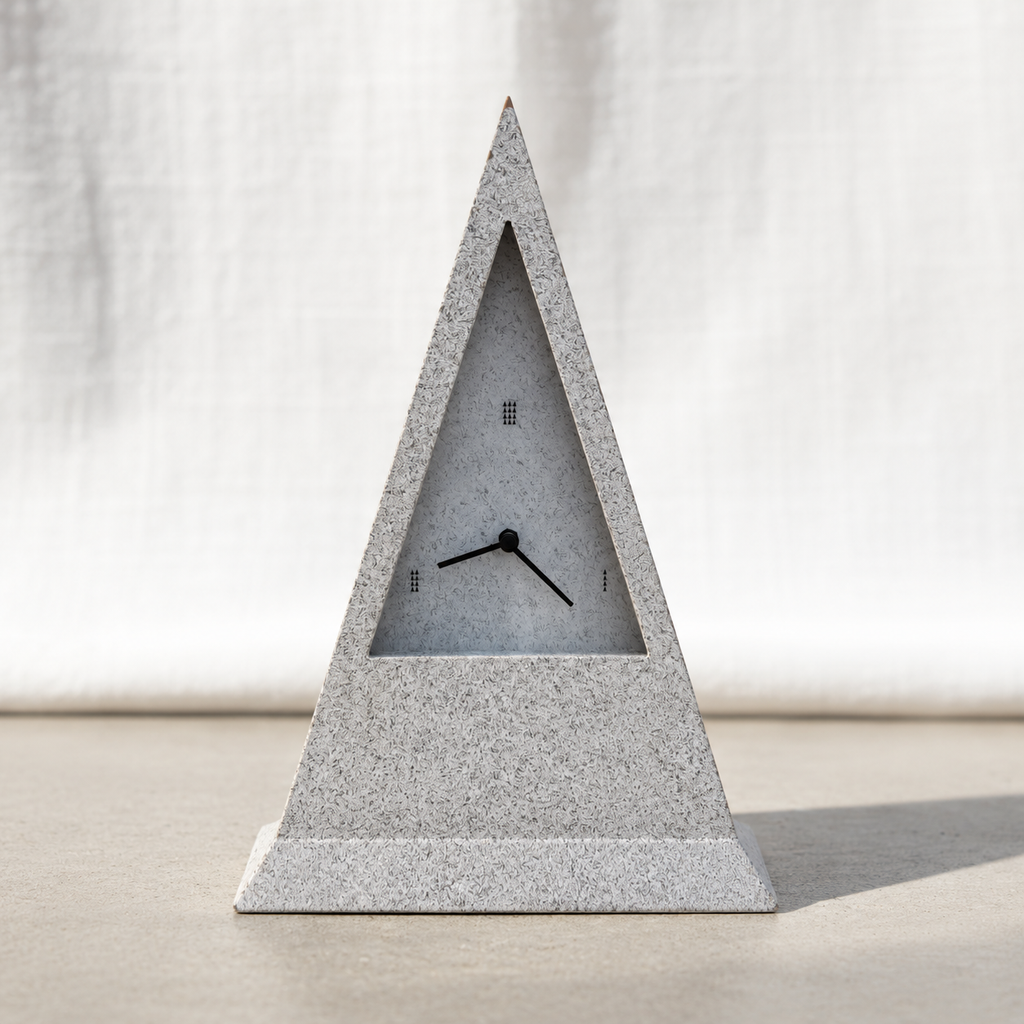 Postmodern triangular table clock with speckled gray finish