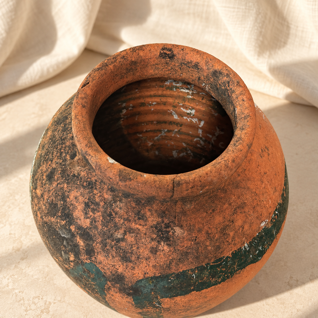 Top view of rustic terracotta jar showing wide opening