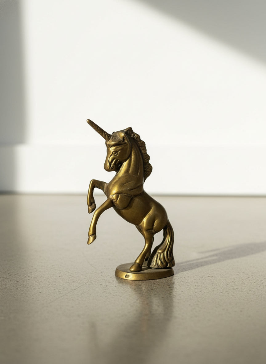 Elegant Vintage Solid Brass Rearing Unicorn Statue – Mythical Equestrian Art Sculpture, Mid-Century Decorative Fantasy Collectible