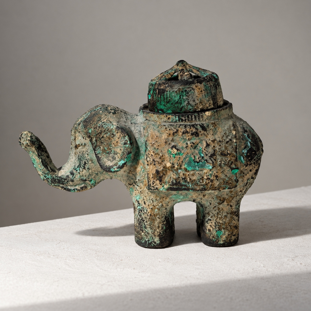 Close-up of gilt remnants and verdigris patina on vintage Japanese elephant incense censer — Hommes and Gardens, Smoke + Fire Collection, Fauna Collection, Home Decor, Interior Designer, Luxury Design, Art, Objects, Japanese Metalwork, Asian Decorative Arts, Vintage Decor, Collectible Design.