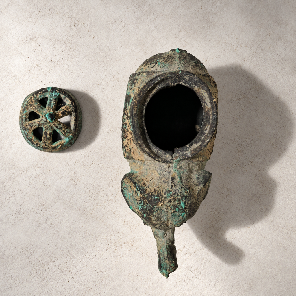 Top view of Japanese elephant incense censer showing removable lid and decorative metalwork, circa 1950 — Hommes and Gardens, Smoke + Fire Collection, Fauna Collection, Objects + Curiosities Collection, Home Decor, Interior Designer, Home Design, Luxury Design, Art, Objects, Japanese Design, Vintage Metalwork.