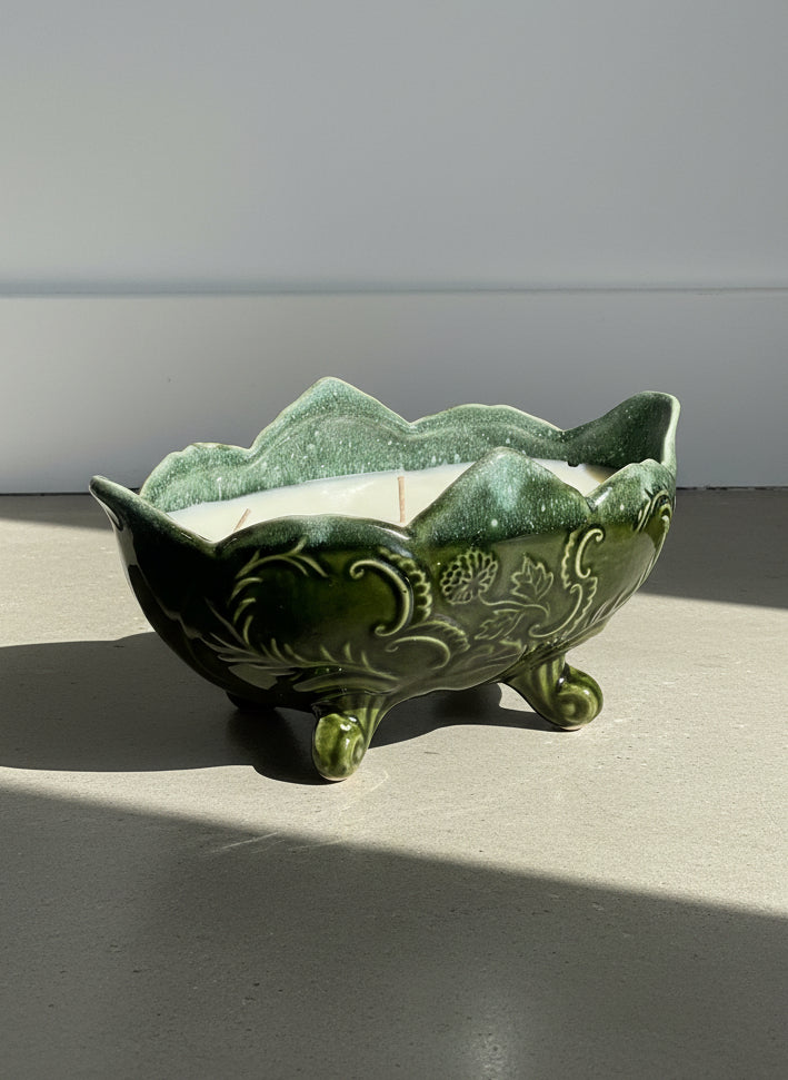 Enchanted Forest Ceramic Bowl Candle – Hand-Poured Triple Wick in Vintage Green
