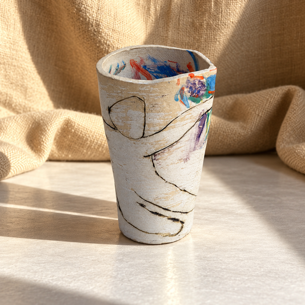 Sculptural studio pottery vase with abstract multicolor decoration