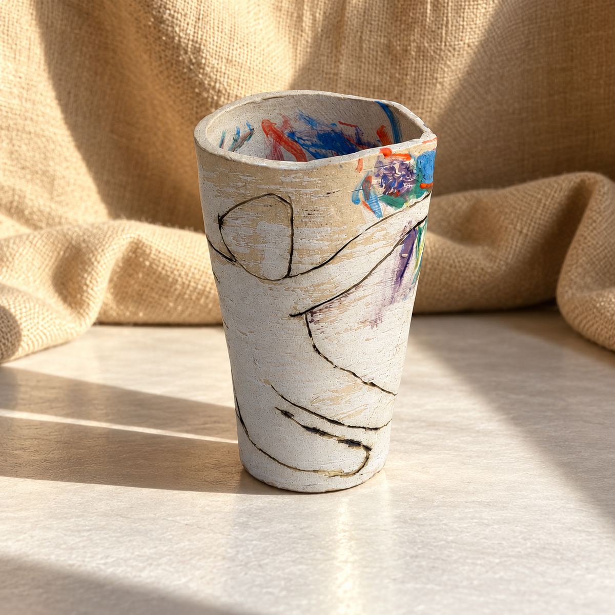 Sculptural studio pottery vase with abstract multicolor decoration