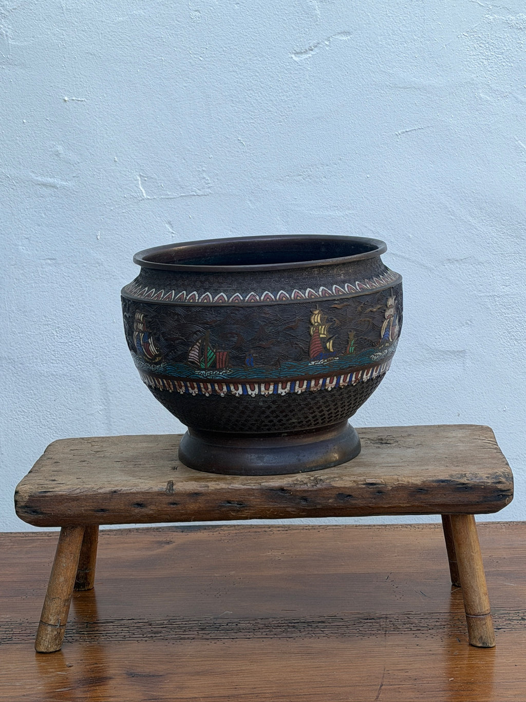 Decorative Japanese-style enamel planter with maritime scene