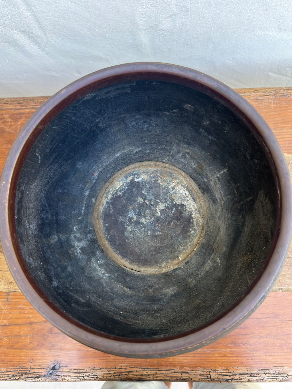 Inside view of Champlevé enamel planter with maritime motifs