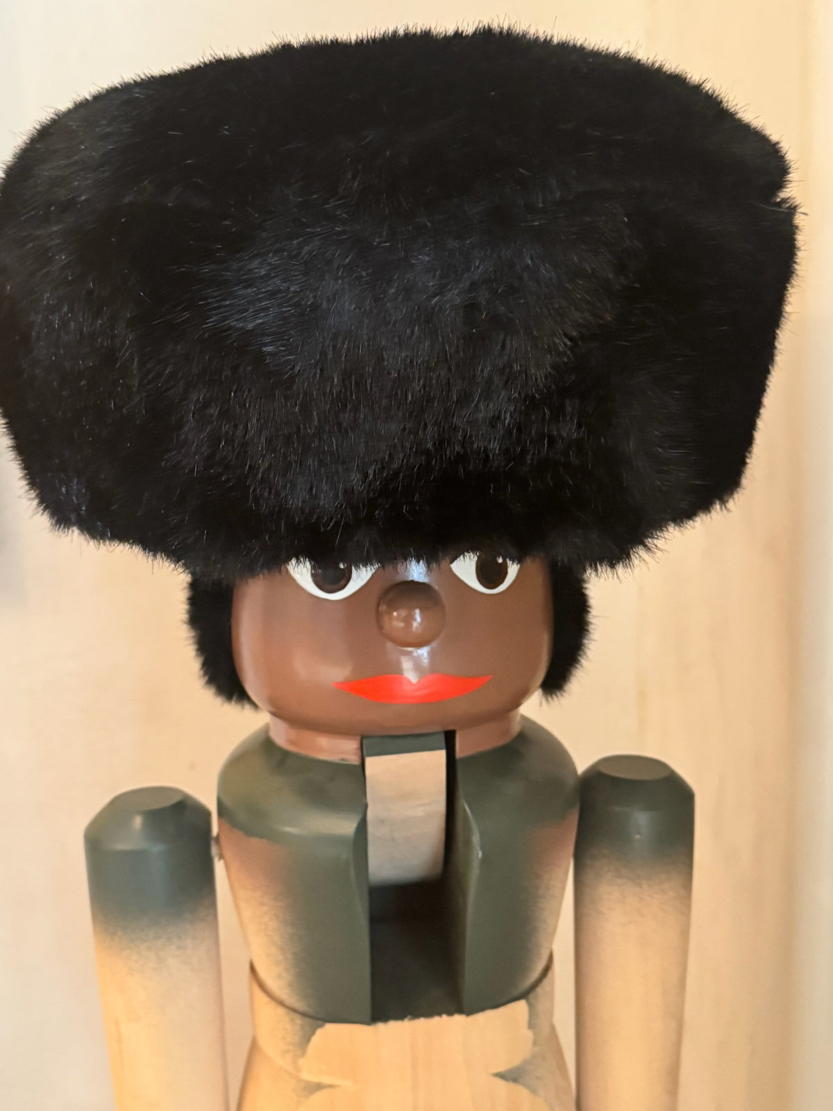 Pair of Monumental Hand-Painted Wooden Figural Sculptures with Faux Fur Hats, Folk Art Style, Late 20th Century