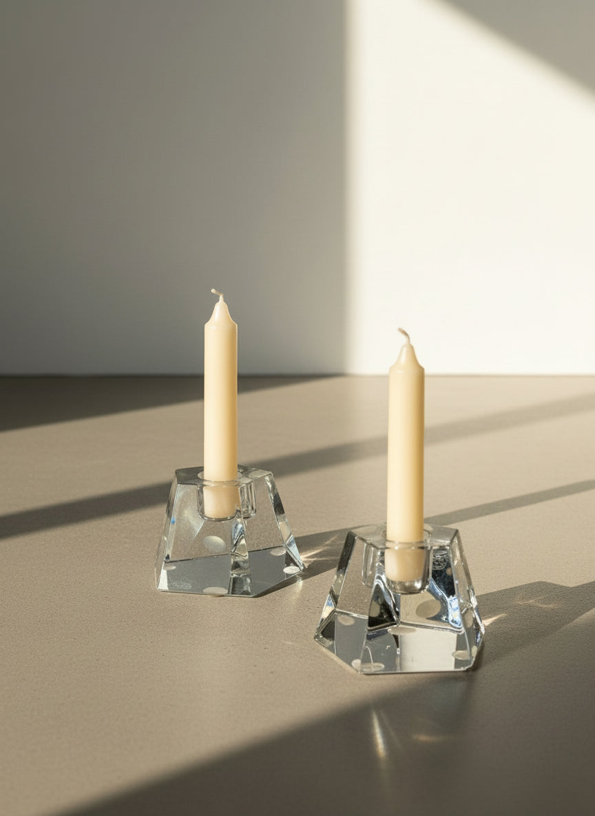 Pair of Mid-Century Modern Geometric Crystal Glass Candle Holders