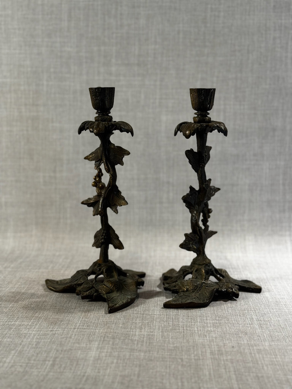 Pair of Antique Cast Bronze Grapevine Candlesticks – Ornate Nature-Inspired Design, 19th Century
