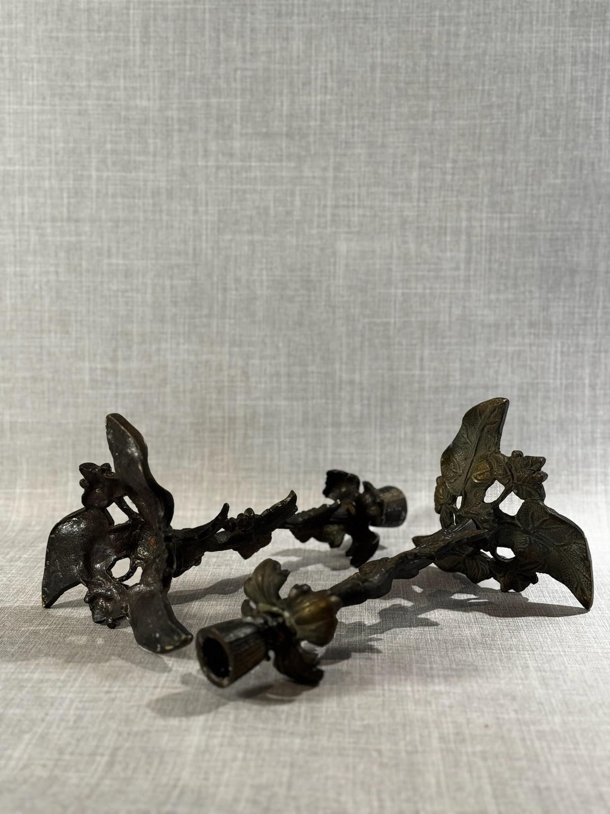 Pair of Antique Cast Bronze Grapevine Candlesticks – Ornate Nature-Inspired Design, 19th Century