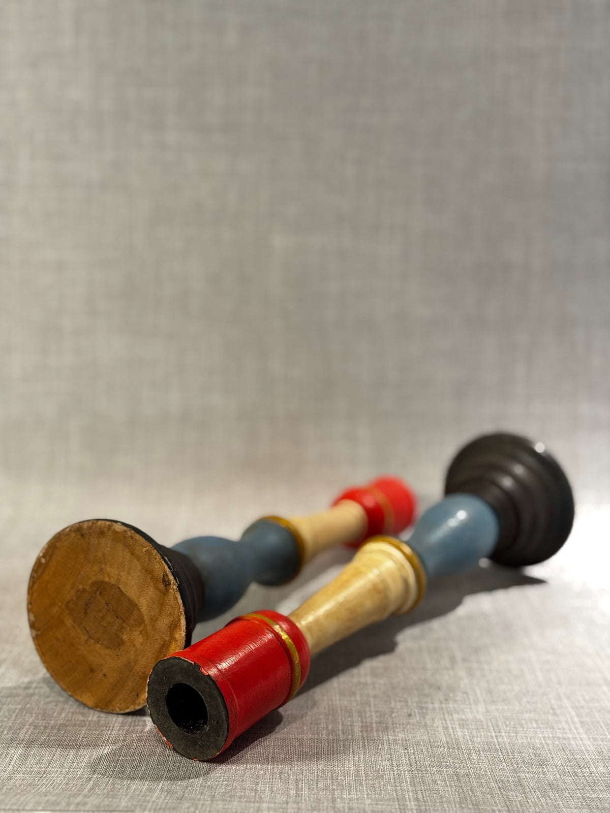 Vintage Hand-Painted Wooden Candlestick Holders – Pair of Mid-Century Folk Art Candle Stands
