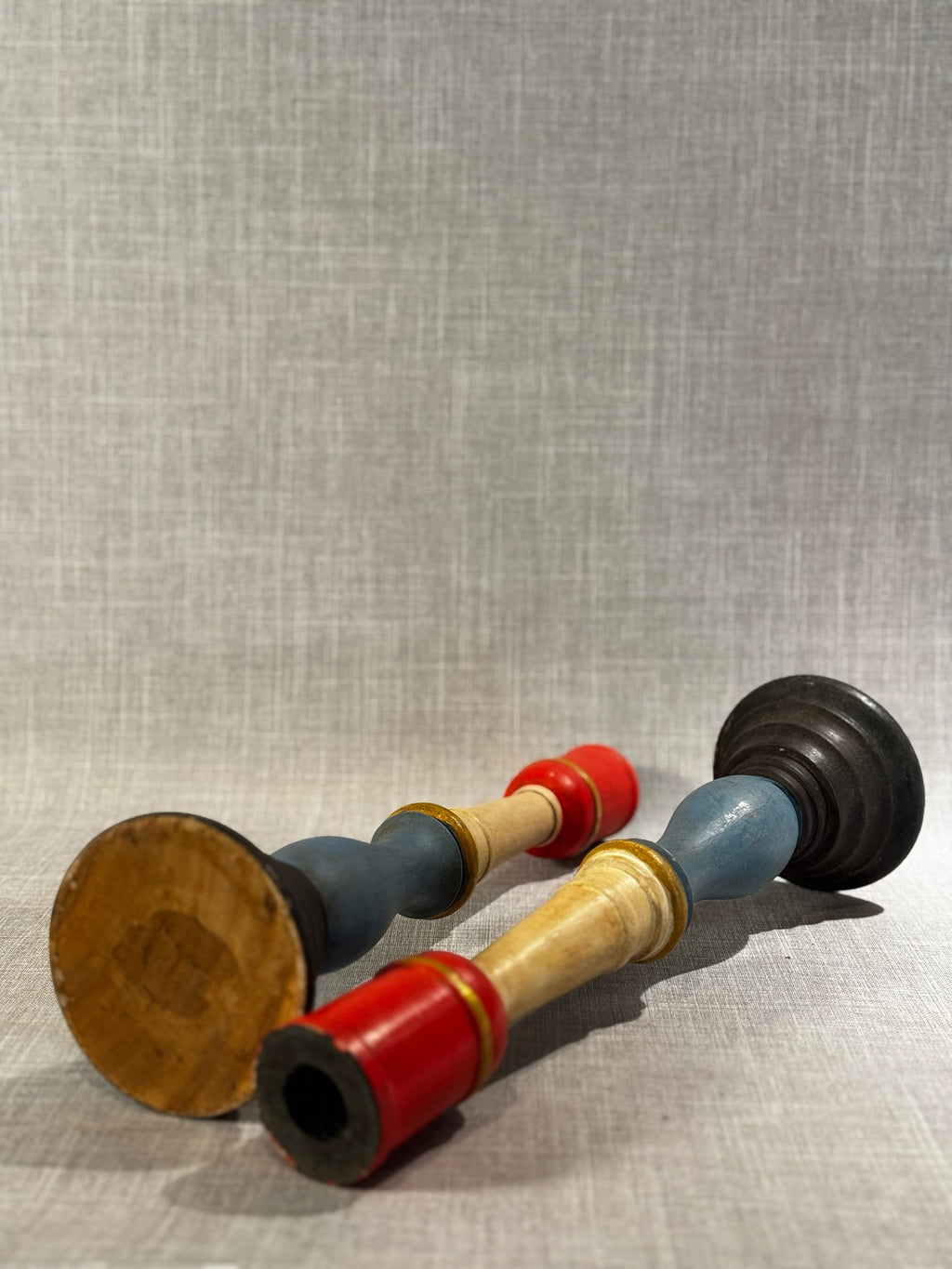Vintage Hand-Painted Wooden Candlestick Holders – Pair of Mid-Century Folk Art Candle Stands