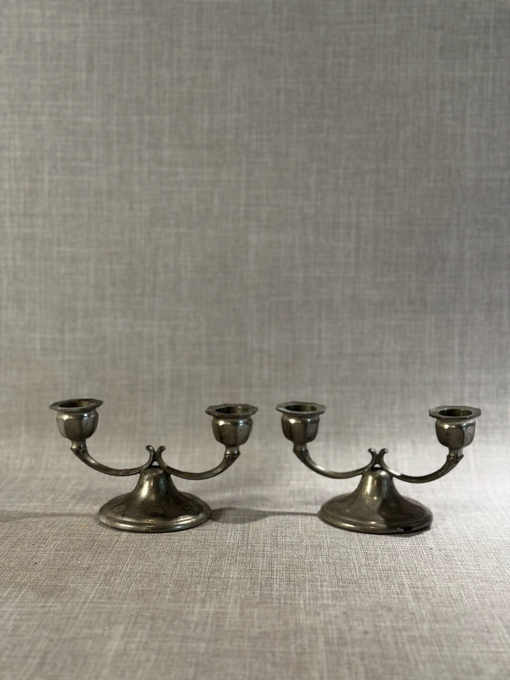 Vintage Pewter Double-Arm Candle Holders – Classic Colonial Pair