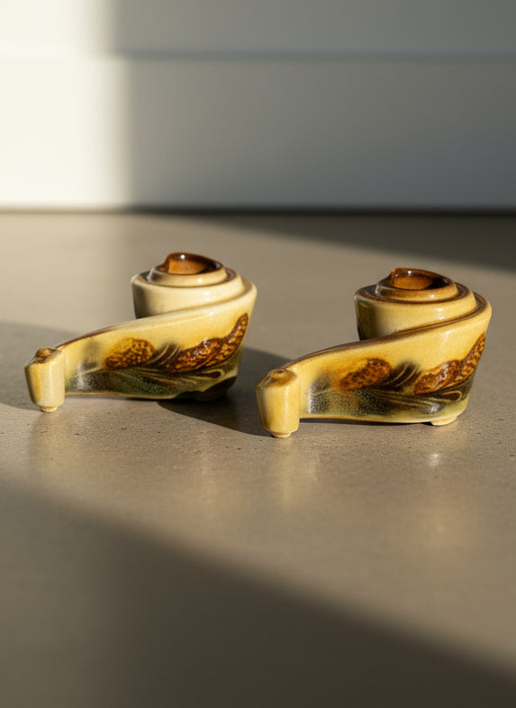 Vintage Hull Pottery Pine Cone Candle Holders – Parchment Glaze Pair