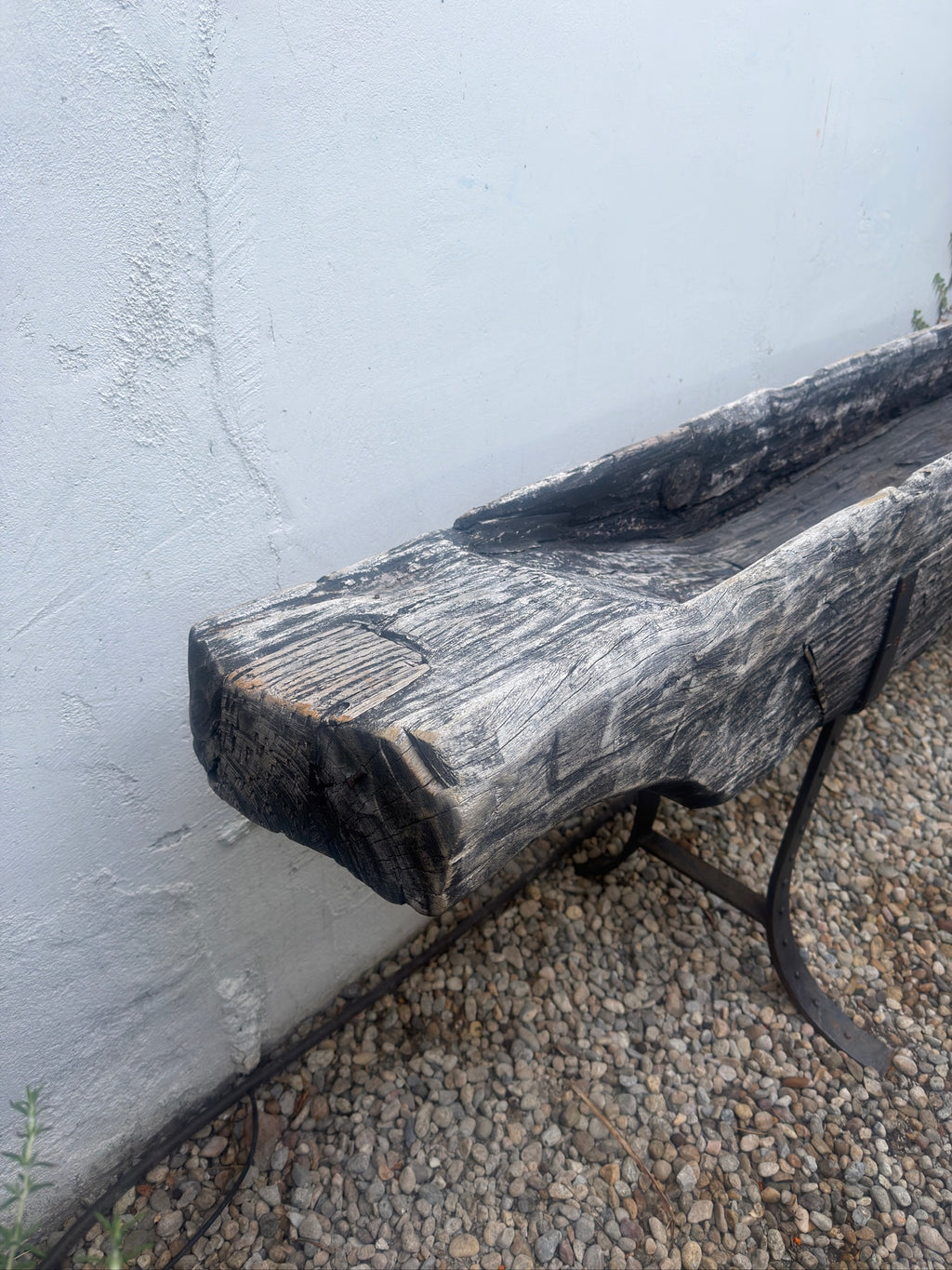 Side view of long French wood trough planter from the 1850s