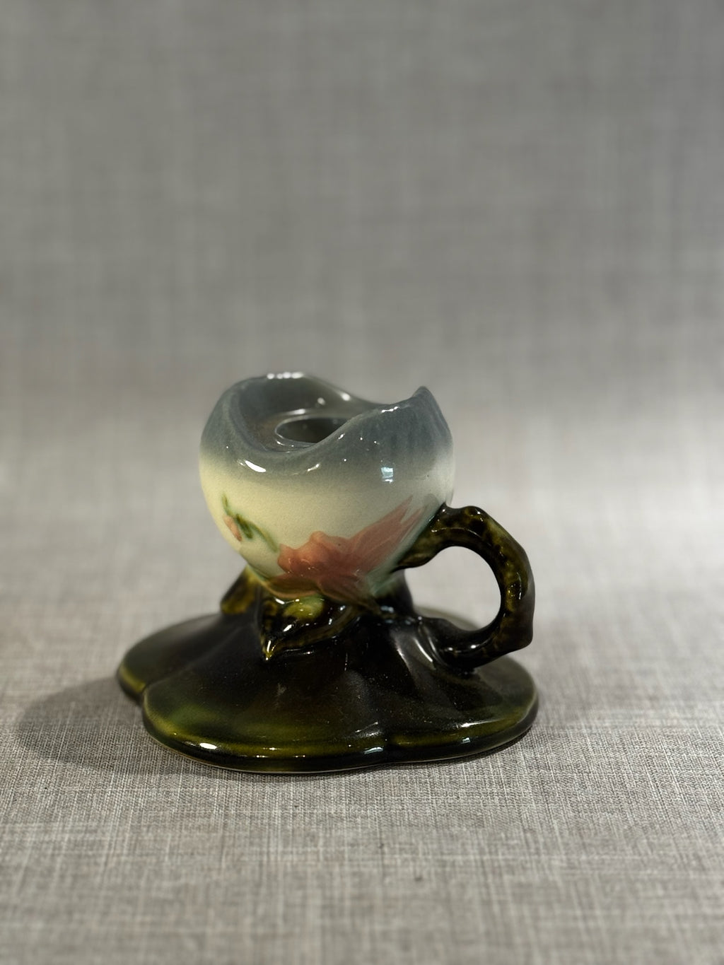 Hull Pottery USA 1950s Candle Holder – Vintage Art Deco Floral in Green & Rose Ombre Glaze