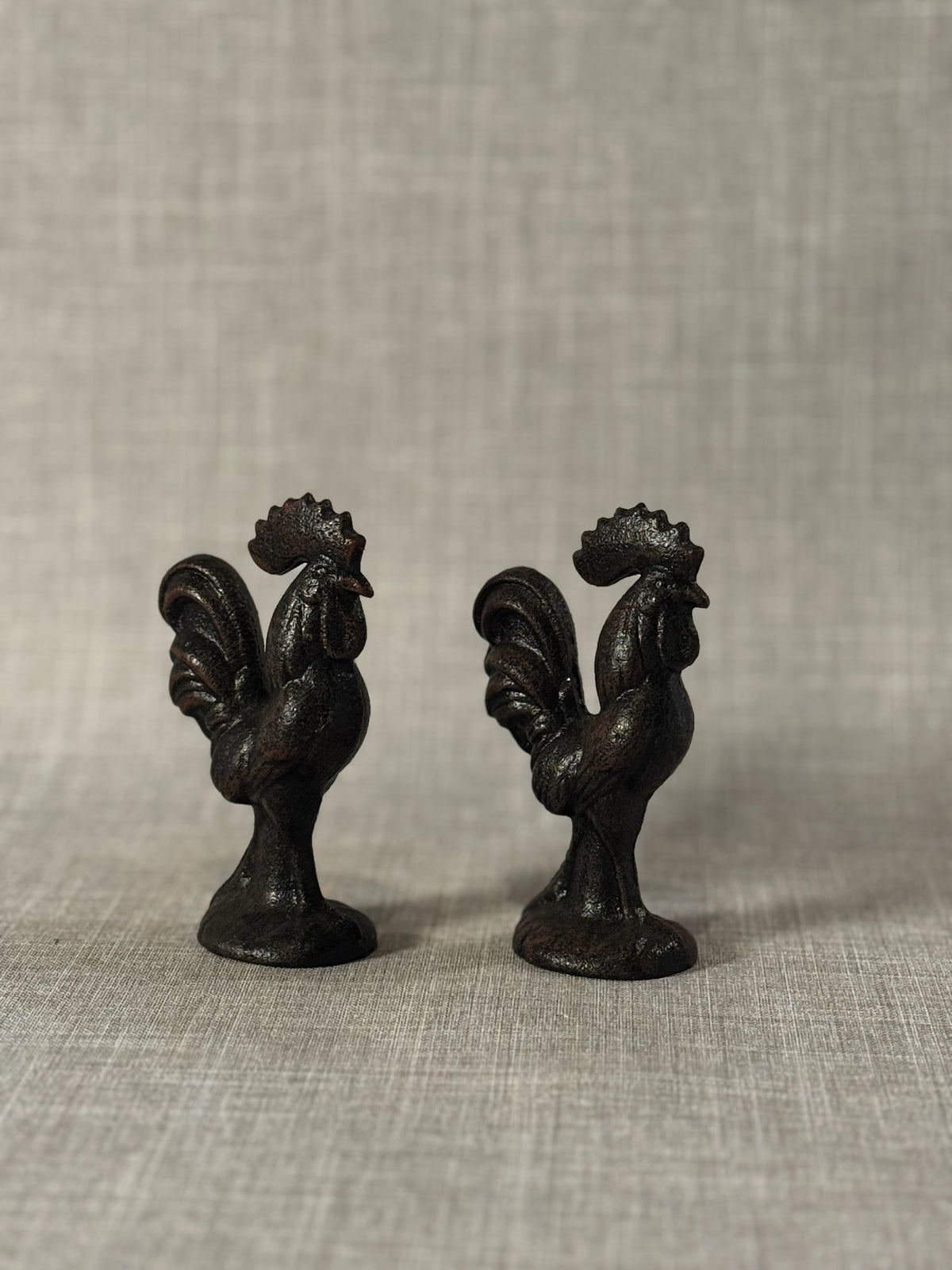 Pair of Vintage Cast Iron Rooster Sculptures – Rustic Farmhouse Folk Art Accents
