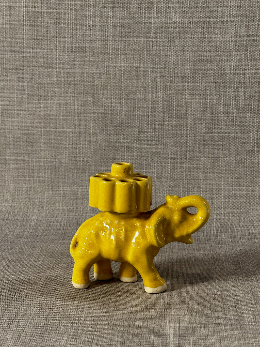 Vintage Mustard Yellow Ceramic Elephant Bud Vase or Cigarette Caddy