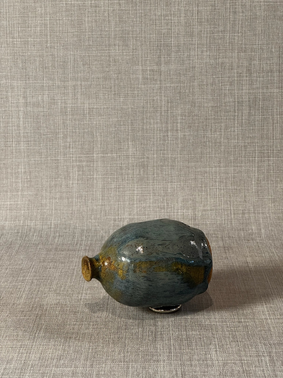 Handmade Studio Pottery Bud Vase with Flowing Blue-Green Lava Glaze & Ochre Accents