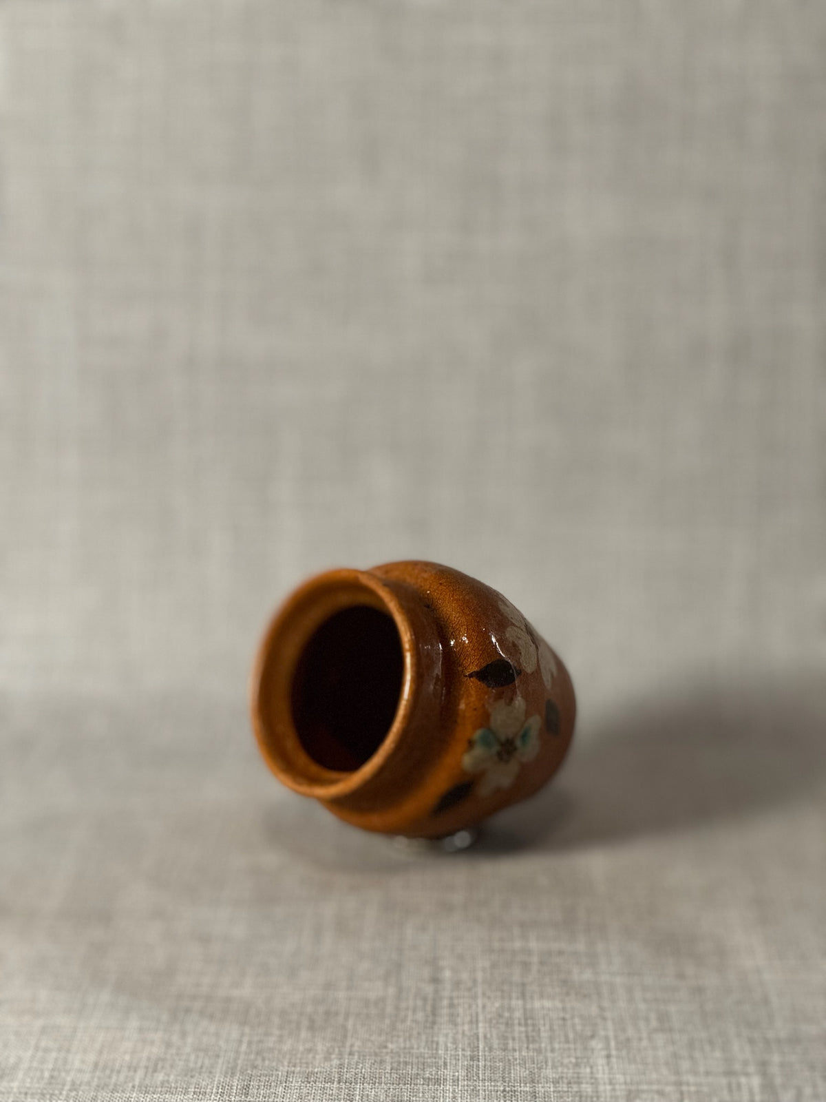 Charming Handcrafted Brown Stoneware Vase with Folk Art Floral Decoration
