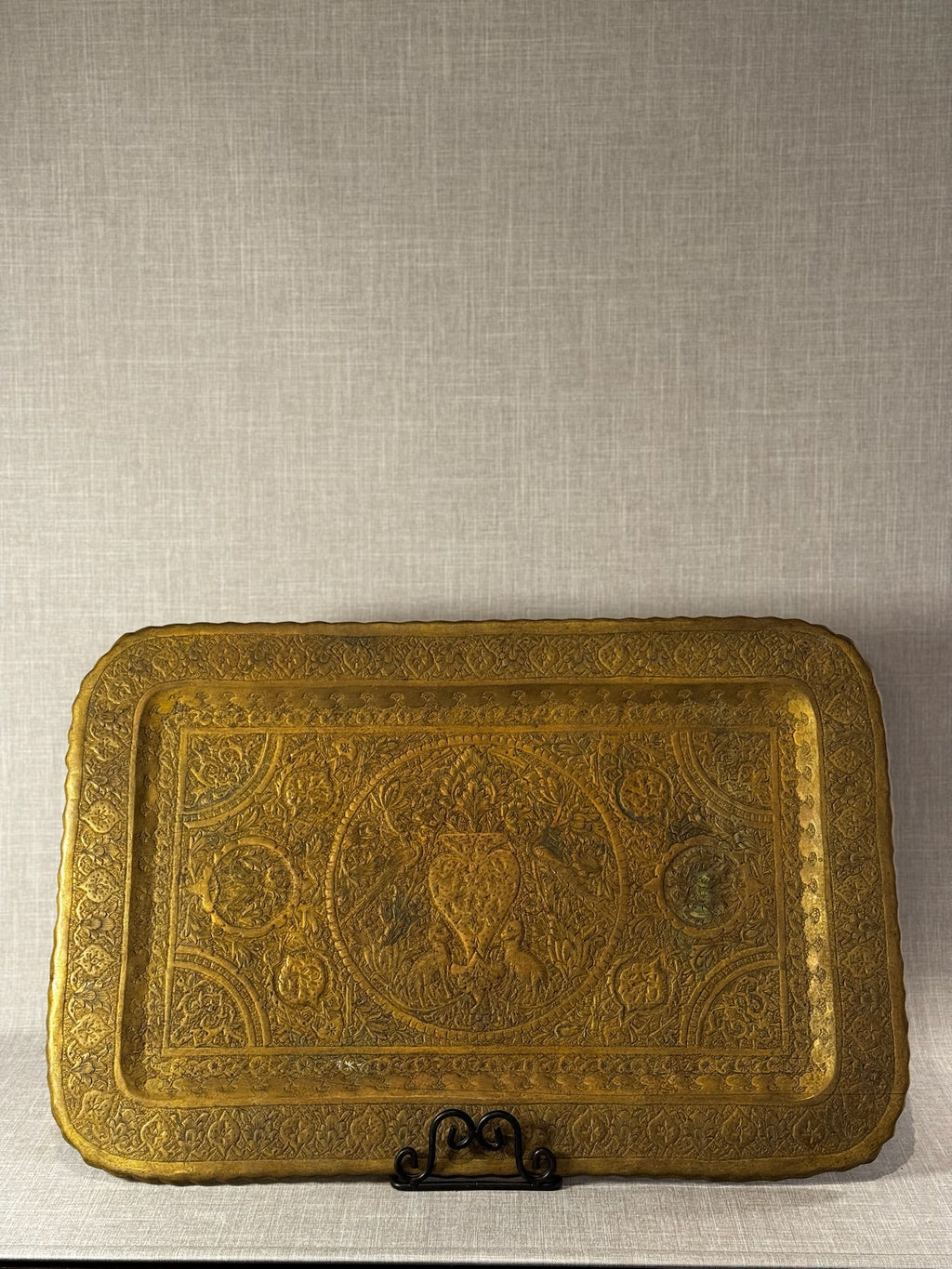 antique brass engraved serving tray with bird motifs
