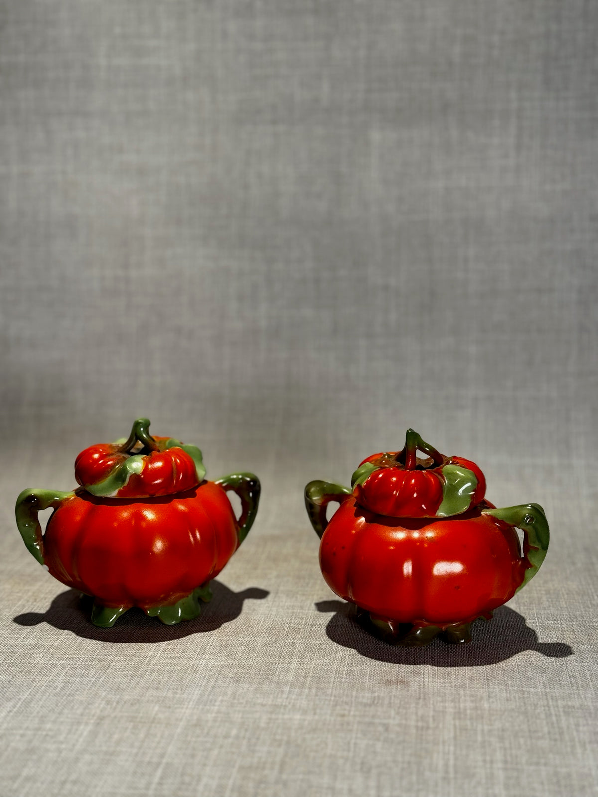 vintage figural porcelain tomato sugar bowls with lids