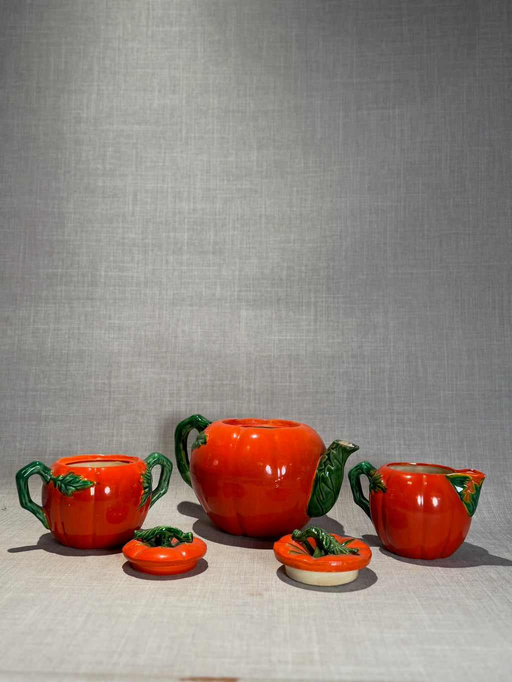 hand painted pumpkin tea set with teapot sugar bowl creamer
