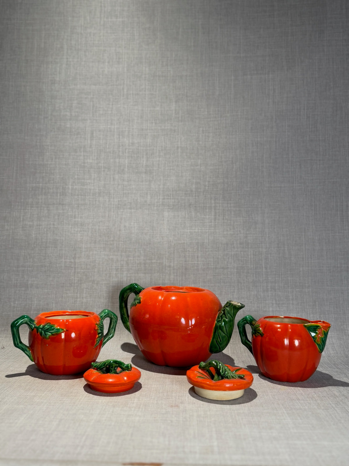 hand painted pumpkin tea set with teapot sugar bowl creamer