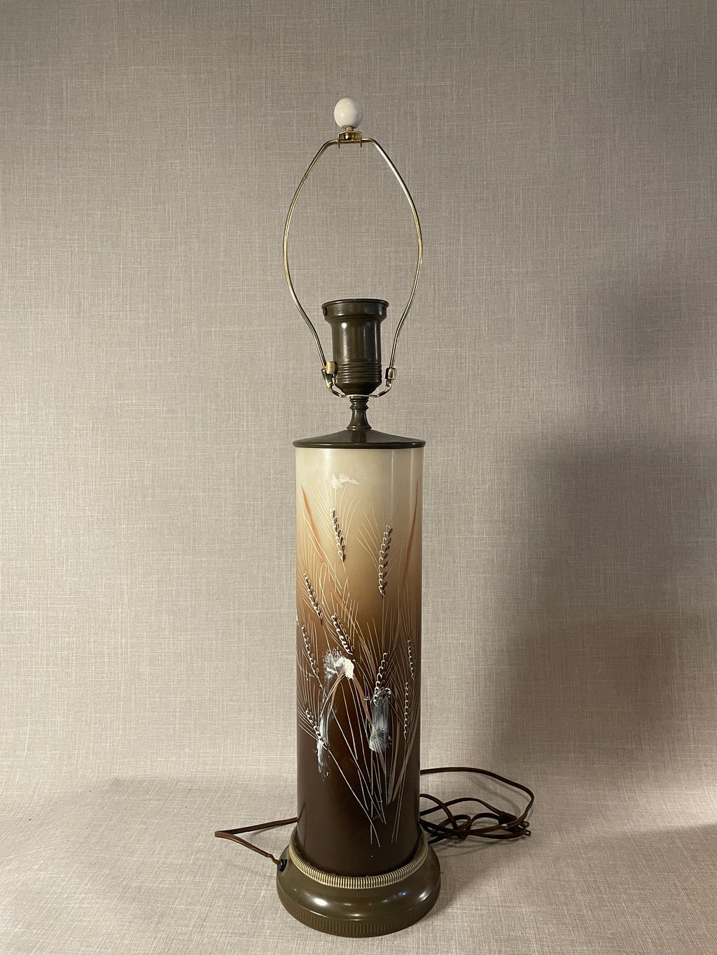 Vintage Smoked Glass Etched Wheat Table Lamp with Cream Fabric Shade, featuring a gradient base and elegant wheat design, hommes + gardens estudio.