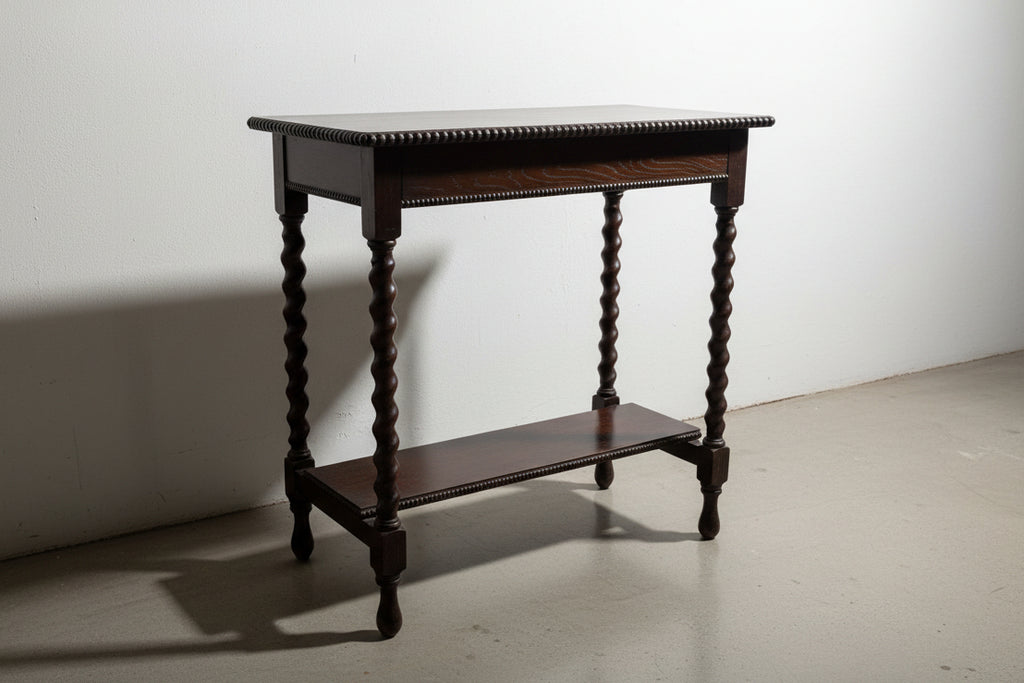 Antique Barley Twist Side Table with Beaded Edge & Lower Shelf, Early 20th Century