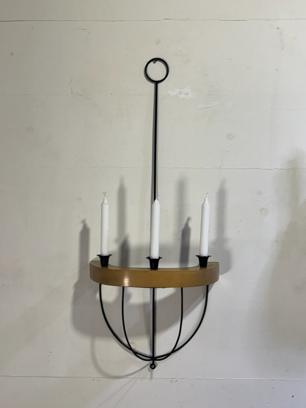Vintage Mid-Century Style Black Iron & Wood Wall Candle Sconces – Sculptural Architectural Pair