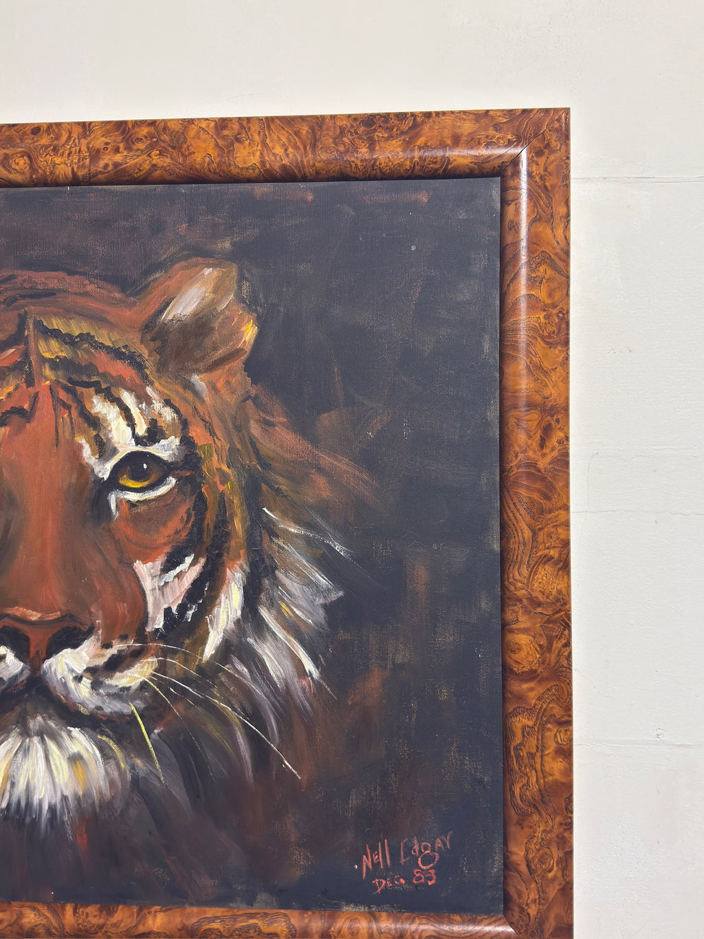 1983 Signed Tiger Portrait Oil Painting by Neil Edgar in Burlwood-Style Frame