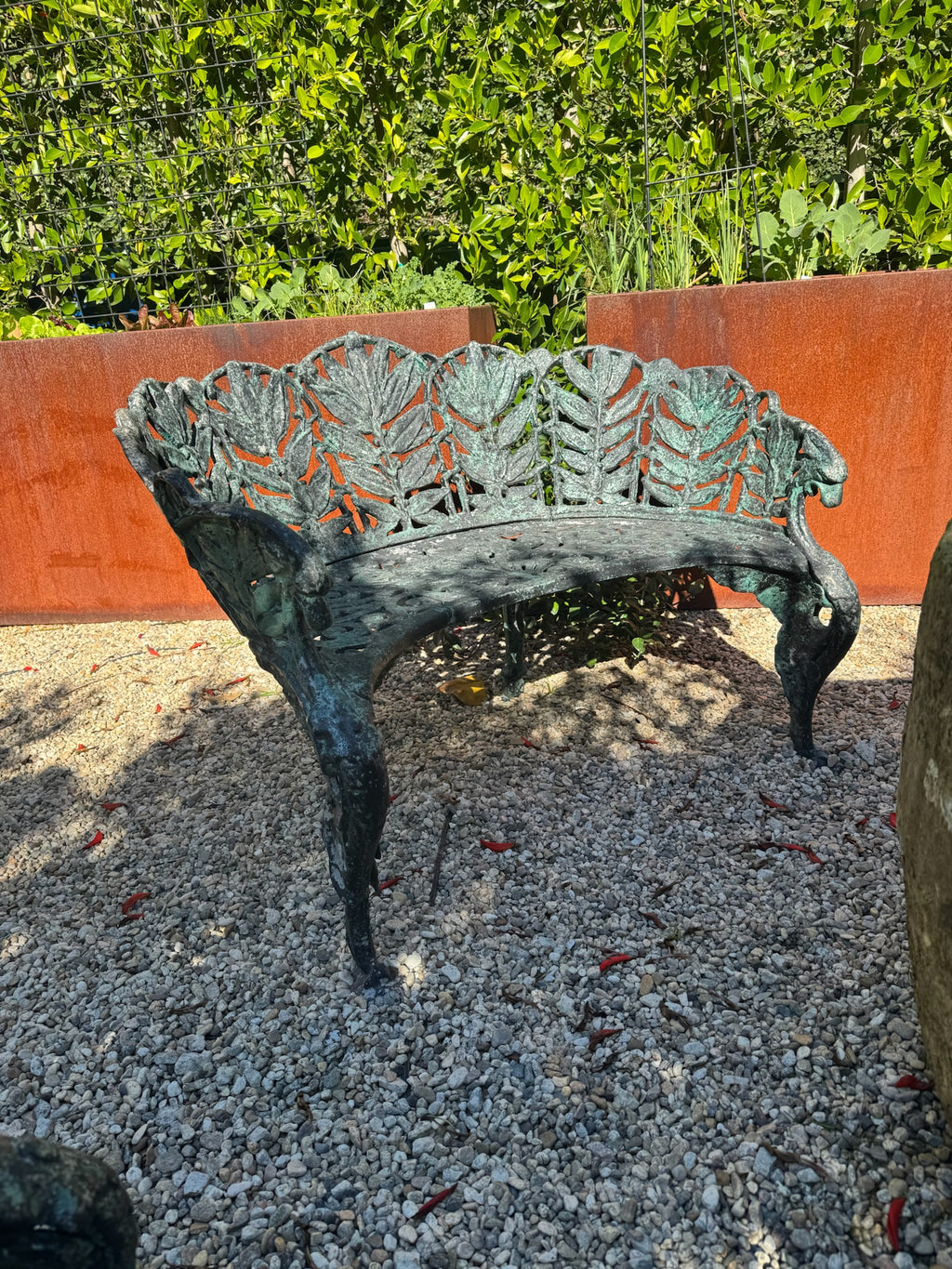 Pair of c.1890 Victorian Cast Iron Garden Benches with Sculptural Leaf Backrests