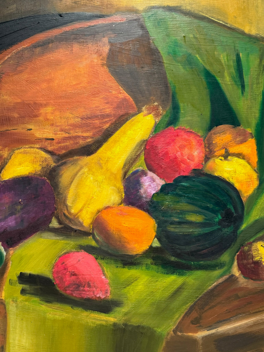 Mid-Century Modern Still Life with Fruit & Gourds – Original Oil Painting in Wood Frame