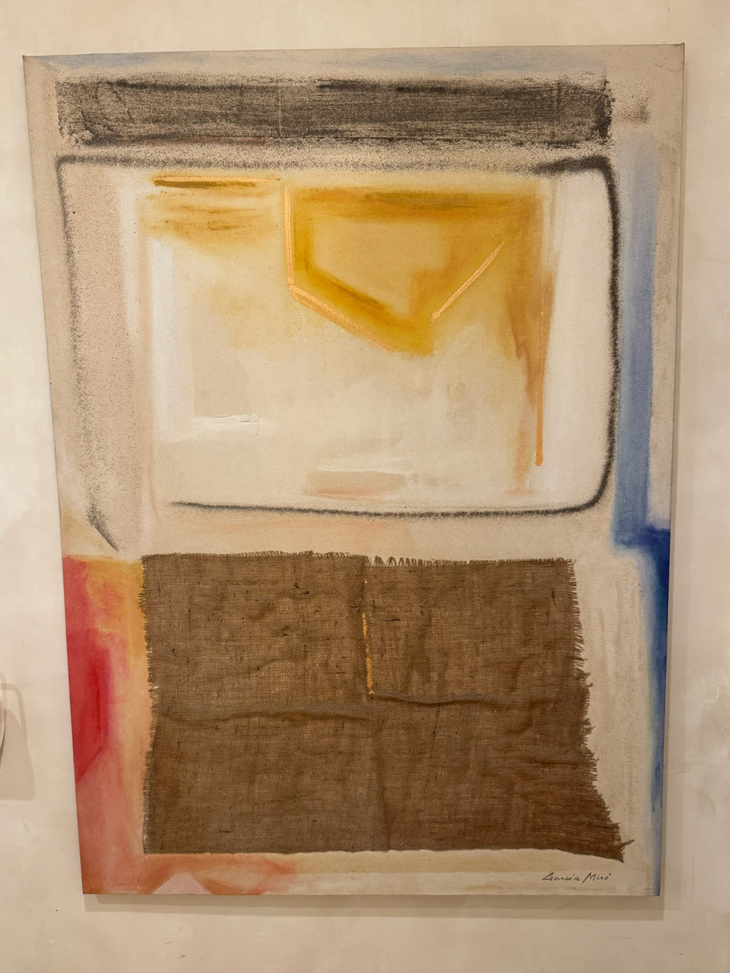 Garcia Miró Mixed Media Abstract Painting with Burlap Collage, Earth Tones & Geometric Forms