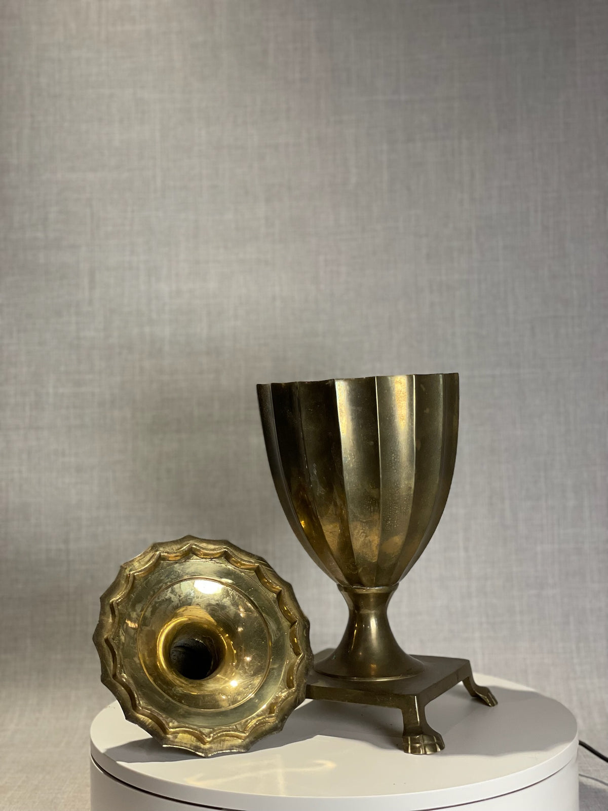 Vintage Neoclassical Brass Lidded Urn with Fluted Body and Paw Feet