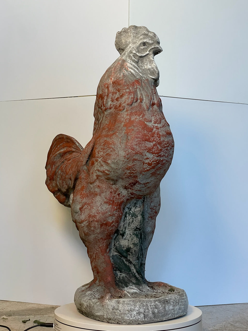 Large Vintage French Concrete Rooster Garden Sculpture with Aged Patina